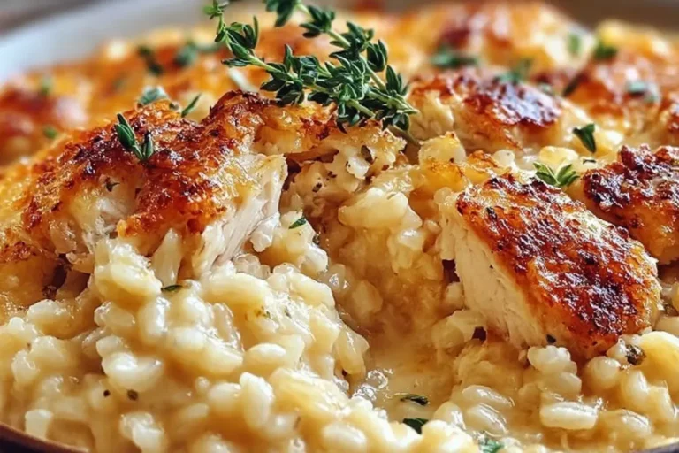 Angel Chicken Casserole with creamy rice and golden seared chicken, topped with fresh herbs.