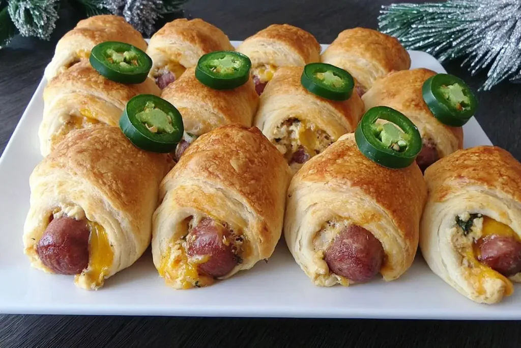 Freshly baked Jalapeno Popper Pigs in a Blanket topped with sliced jalapenos on a white serving platter.