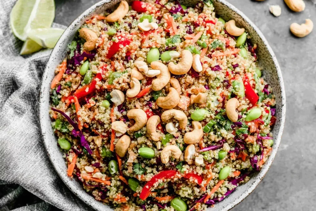 Close-up of Thai Quinoa Salad with cashews, red cabbage, edamame, and bell peppers in a bowl
