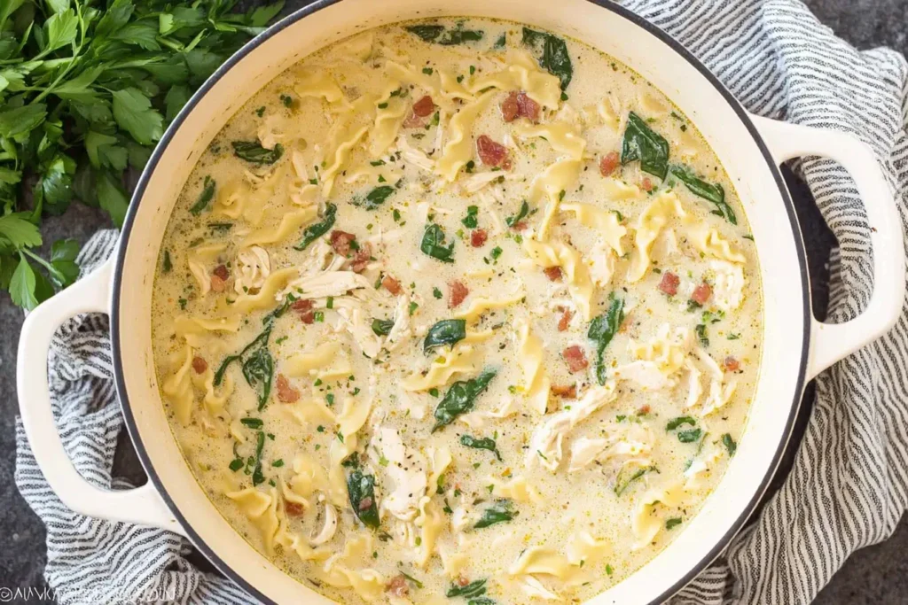Creamy White Lasagna Soup in a Dutch oven with chicken, spinach, and mafalda pasta.
