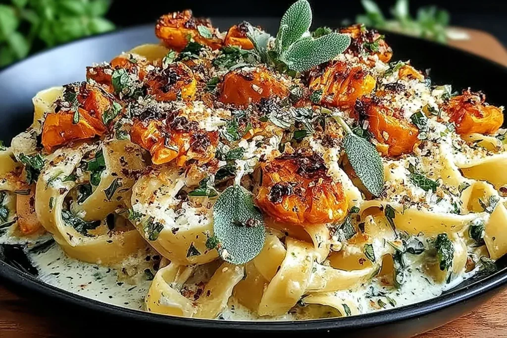 Savory Butternut Squash and Sage Pasta with roasted squash and creamy sage sauce in a black bowl