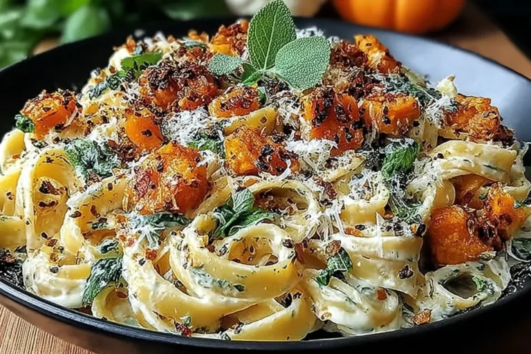 Savory Butternut Squash and Sage Pasta topped with crispy sage and Parmesan in a black bowl