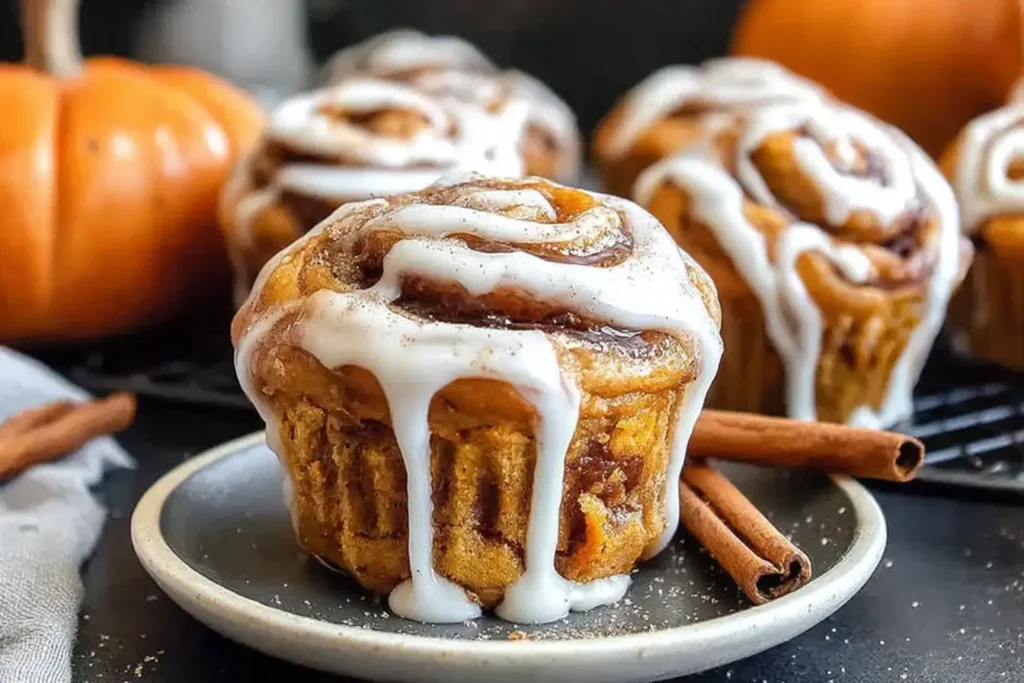 Pumpkin Cinnamon Roll Muffin with cream cheese glaze on a small plate, surrounded by cinnamon sticks and a pumpkin in the background.