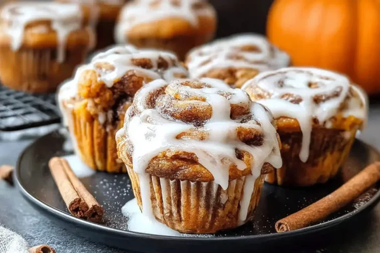 Close-up of freshly baked Pumpkin Cinnamon Roll Muffins with cream cheese glaze dripping over the tops, surrounded by cinnamon sticks.
