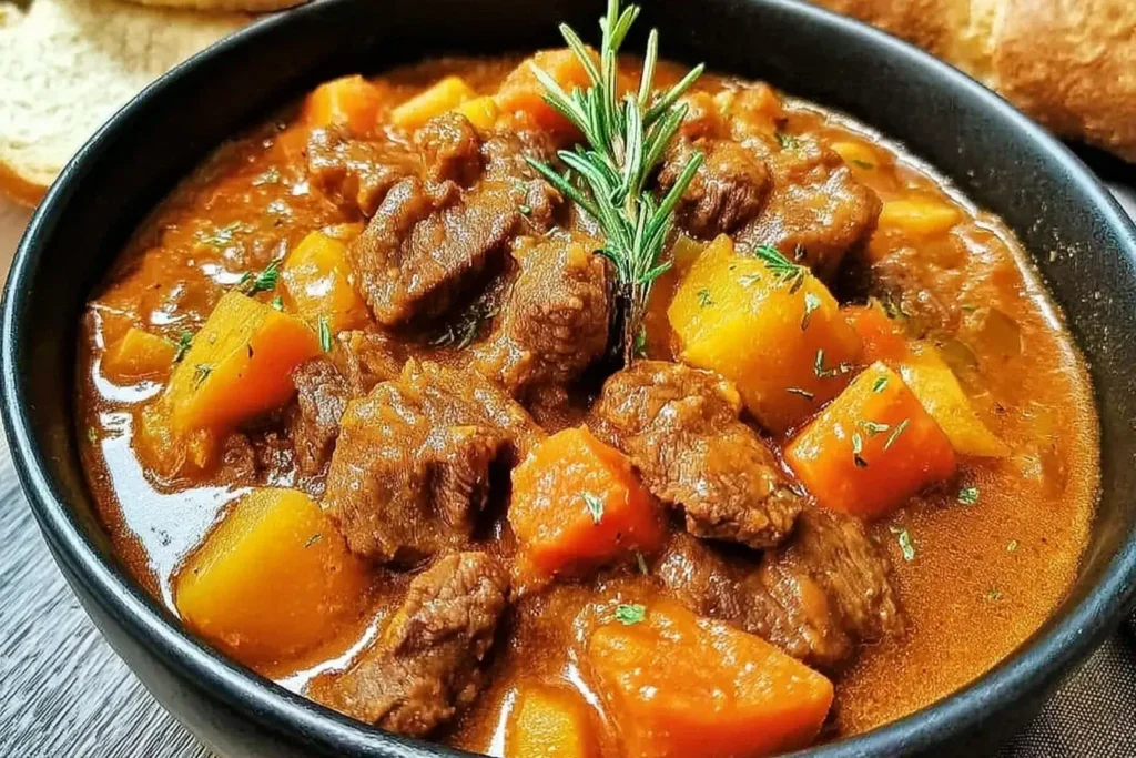 Close-up of Autumn Harvest Beef Stew with tender beef chunks, carrots, and potatoes in a rich broth, garnished with fresh rosemary.
