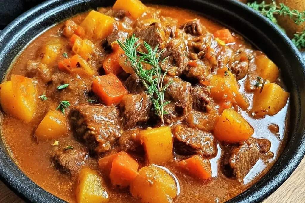 Hearty Autumn Harvest Beef Stew with tender beef, carrots, and potatoes in a rich broth, served in a black bowl and garnished with fresh herbs.