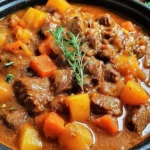 Hearty Autumn Harvest Beef Stew with tender beef, carrots, and potatoes in a rich broth, served in a black bowl and garnished with fresh herbs.