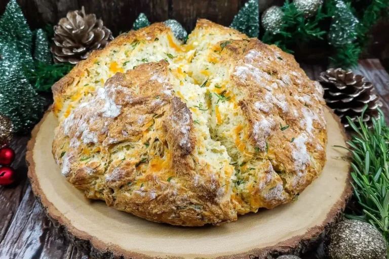 Cheddar and Herb Soda Bread with a rustic golden crust, studded with sharp cheddar and fresh herbs, ready to be sliced and enjoyed.