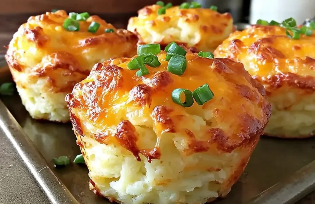 Cheesy Mashed Potato Puffs baked golden brown with melted cheddar and topped with fresh chives.