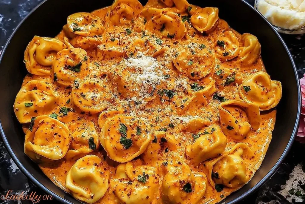 Creamy One-Pot Spicy Garlic Butter Chicken Tortellini topped with Parmesan and fresh herbs in a skillet.
