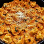 Creamy One-Pot Spicy Garlic Butter Chicken Tortellini topped with Parmesan and fresh herbs in a skillet.