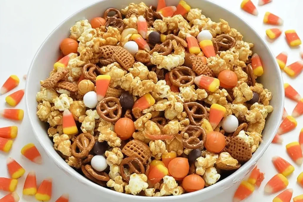 Bowl of Scarecrow Crunch Snack Mix with caramel corn, pretzels, candy corn, and festive fall candies.