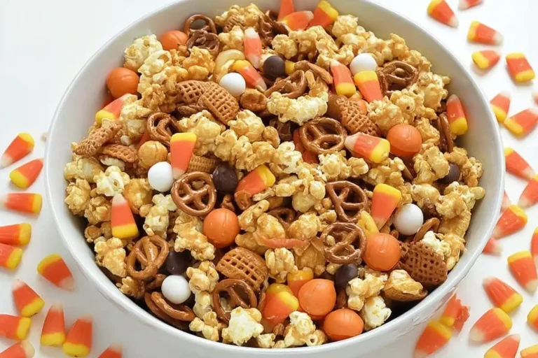 Bowl of Scarecrow Crunch Snack Mix with caramel corn, pretzels, candy corn, and festive fall candies.