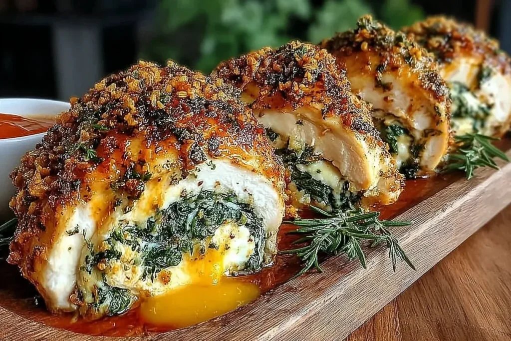 Close-up of Herbed Ricotta Stuffed Chicken Rolls with a golden, crispy crust, oozing melted cheese and spinach filling.