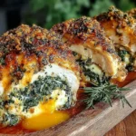 Close-up of Herbed Ricotta Stuffed Chicken Rolls with a golden, crispy crust, oozing melted cheese and spinach filling.