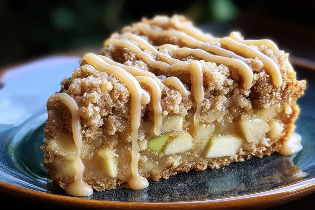 Slice of Apple Crumb Cake with Cinnamon Apple Drizzle topped with buttery crumb topping and warm cinnamon glaze on a ceramic plate.