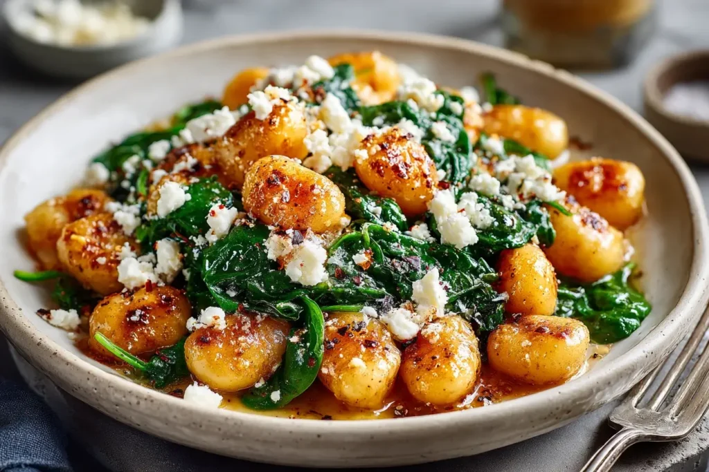 Crispy Gnocchi With Spinach And Feta served on a plate with golden gnocchi, sautéed spinach, and crumbled feta cheese.