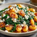 Crispy Gnocchi With Spinach And Feta served on a plate with golden gnocchi, sautéed spinach, and crumbled feta cheese.