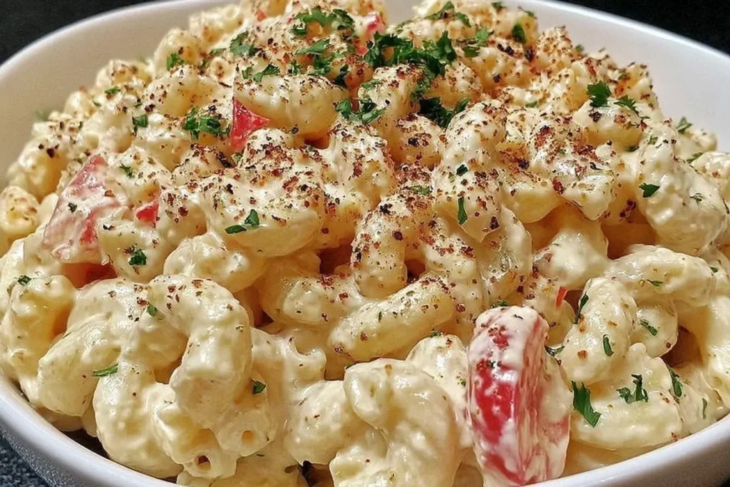 Close-up of Guy Fieri’s Macaroni Salad with creamy dressing, red peppers, and parsley garnish.