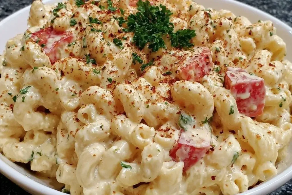Creamy bowl of Guy Fieri’s Macaroni Salad with red bell peppers, fresh parsley, and a sprinkle of spices.