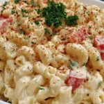 Creamy bowl of Guy Fieri’s Macaroni Salad with red bell peppers, fresh parsley, and a sprinkle of spices.