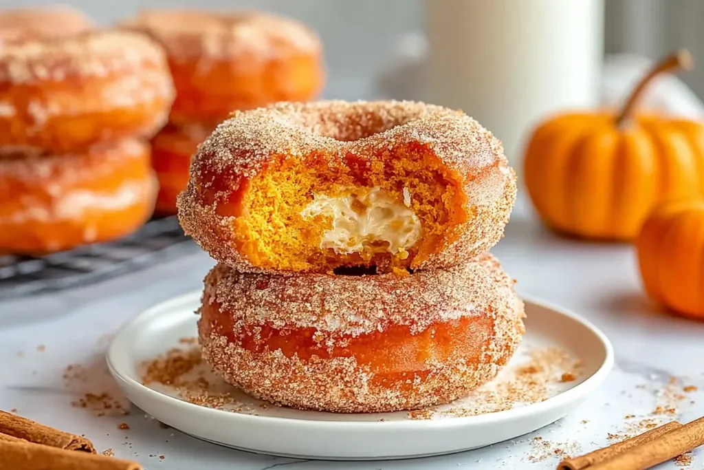 Close-up of baked pumpkin donuts with cream filling, coated in cinnamon sugar and stacked on a white plate.