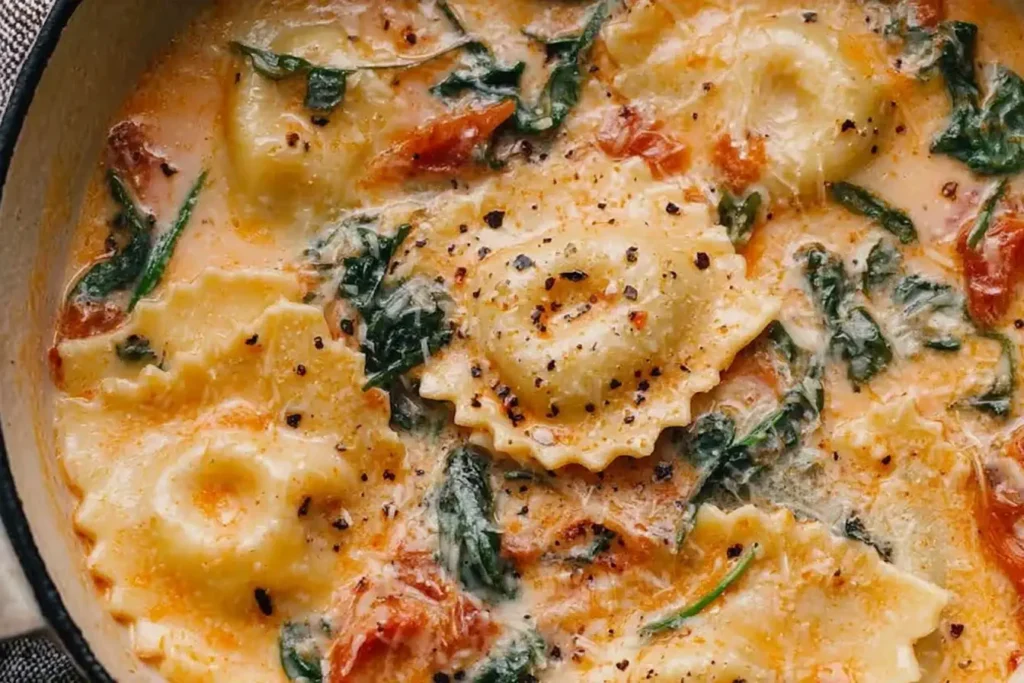 Creamy Tuscan Ravioli Soup with cheese-filled pasta, spinach, and sun-dried tomatoes in a rich Parmesan cream sauce.