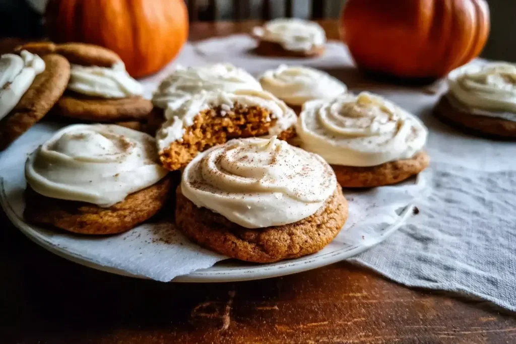 Soft and spiced Pumpkin Sugar Cookies with Cream Cheese frosting on a plate, topped with swirls of creamy frosting.