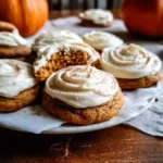 Soft and spiced Pumpkin Sugar Cookies with Cream Cheese frosting on a plate, topped with swirls of creamy frosting.