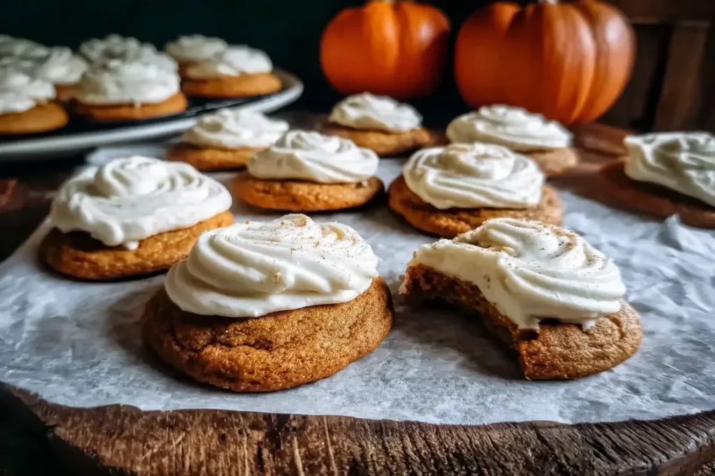 Freshly baked Pumpkin Sugar Cookies with Cream Cheese frosting, one with a bite taken out, on parchment paper with pumpkins in the background.