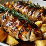 Juicy Apple Cider Chicken with roasted apples and thyme in a rich caramelized glaze, served on a white plate for a cozy fall dinner.