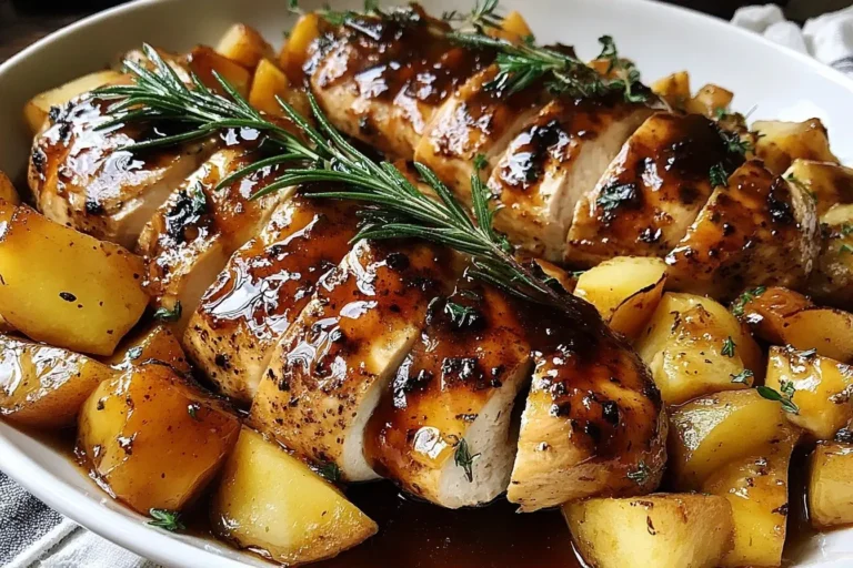 Juicy Apple Cider Chicken with roasted apples and thyme in a rich caramelized glaze, served on a white plate for a cozy fall dinner.