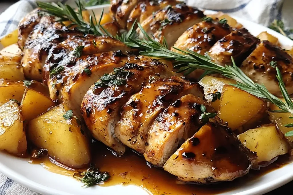 Tender Apple Cider Chicken glazed with honey, Dijon, and balsamic vinegar, served with roasted apples and herbs for a cozy fall dinner.