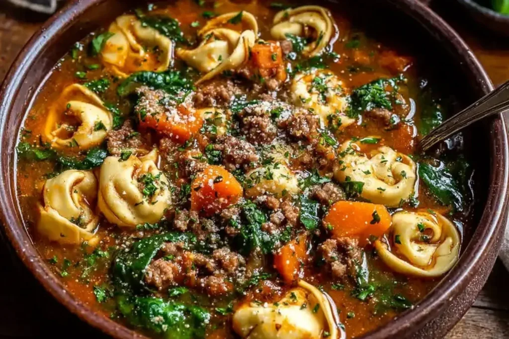 Bowl of Autumn Tortellini Soup with Sausage, filled with cheese tortellini, Italian sausage, carrots, spinach, and herbs in a rich tomato broth.