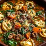 Bowl of Autumn Tortellini Soup with Sausage, filled with cheese tortellini, Italian sausage, carrots, spinach, and herbs in a rich tomato broth.