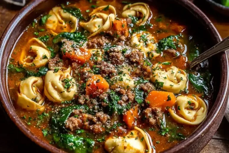 Bowl of Autumn Tortellini Soup with Sausage, filled with cheese tortellini, Italian sausage, carrots, spinach, and herbs in a rich tomato broth.
