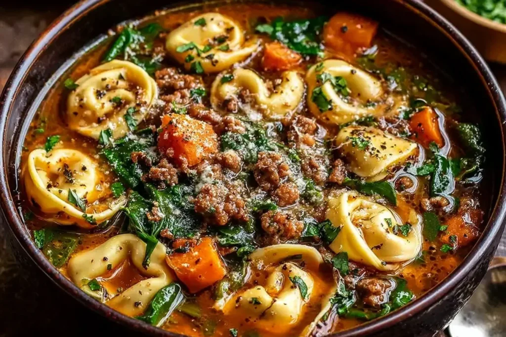 Hearty Autumn Tortellini Soup with Sausage featuring cheese tortellini, Italian sausage, spinach, and butternut squash in a rich tomato broth.