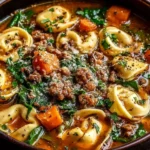 Hearty Autumn Tortellini Soup with Sausage featuring cheese tortellini, Italian sausage, spinach, and butternut squash in a rich tomato broth.