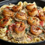 Creamy Blackened Shrimp Stroganoff with mushrooms, roasted red peppers, and fettuccine pasta in a rich Cajun-style sauce.