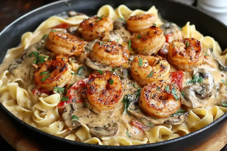 Creamy Blackened Shrimp Stroganoff with mushrooms, roasted red peppers, and fettuccine pasta in a rich Cajun-style sauce.