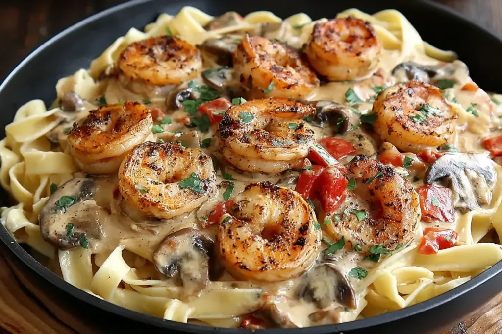 Blackened Shrimp Stroganoff with creamy Cajun sauce, mushrooms, roasted red peppers, and fettuccine pasta topped with seared shrimp.
