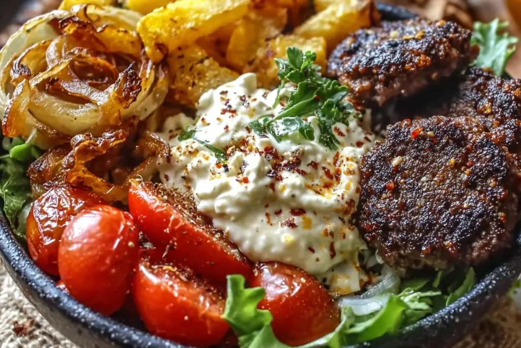 Burger Bowls with Caramelized Onion Aioli topped with juicy beef patties, caramelized onions, cherry tomatoes, and creamy aioli sauce