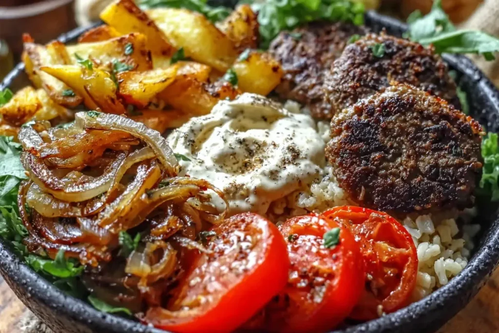 Burger Bowls with Caramelized Onion Aioli featuring juicy beef patties, roasted potatoes, caramelized onions, and creamy aioli on a bed of rice