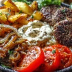 Burger Bowls with Caramelized Onion Aioli featuring juicy beef patties, roasted potatoes, caramelized onions, and creamy aioli on a bed of rice