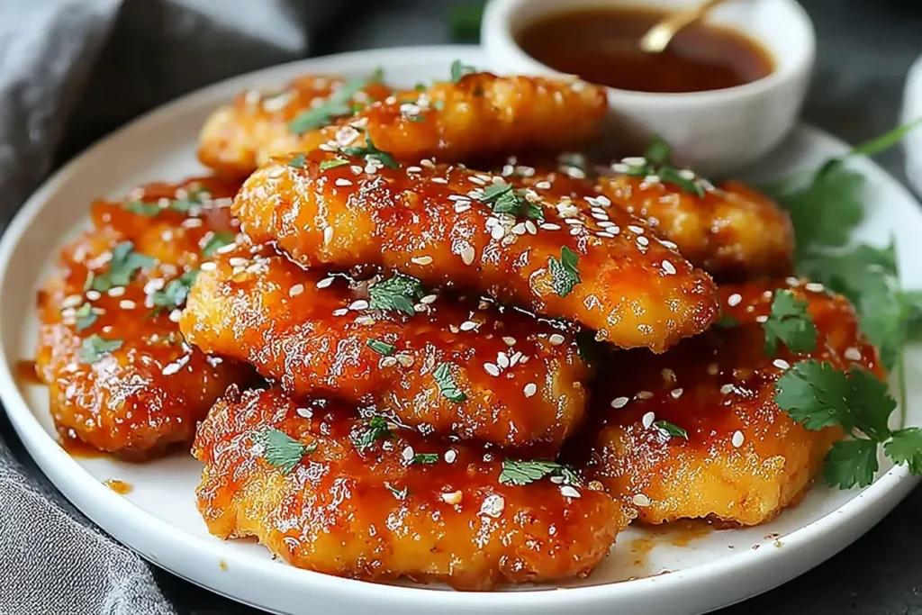Crispy Baked Hot Honey Chicken topped with sesame seeds and fresh herbs, served with a side of spicy honey sauce.