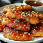 Crispy Baked Hot Honey Chicken topped with sesame seeds and fresh herbs, served with a side of spicy honey sauce.