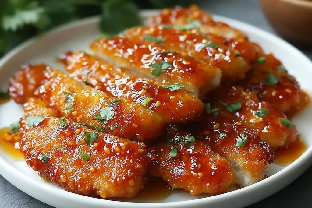 Close-up of Crispy Baked Hot Honey Chicken sliced and glazed with spicy honey sauce, garnished with fresh herbs.
