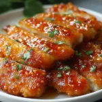 Close-up of Crispy Baked Hot Honey Chicken sliced and glazed with spicy honey sauce, garnished with fresh herbs.