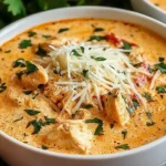 Crock Pot Creamy Chicken Parmesan Soup topped with melted Parmesan and fresh parsley in a white bowl