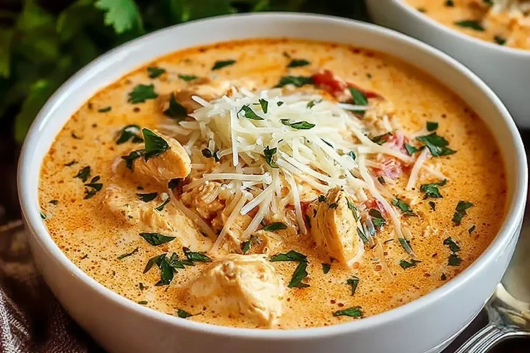 Crock Pot Creamy Chicken Parmesan Soup topped with melted Parmesan and fresh parsley in a white bowl